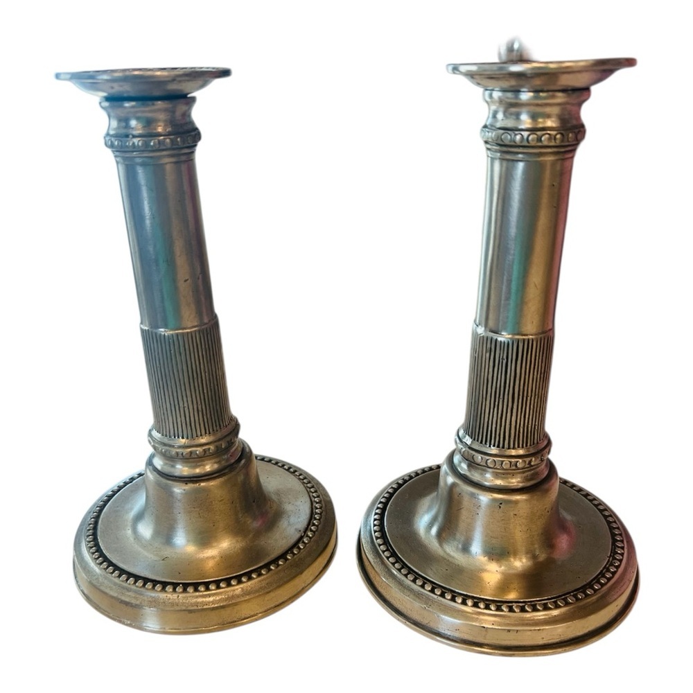 Vintage Costantini Italian Pewter Candlesticks Pair | Classic Beaded Base 8”